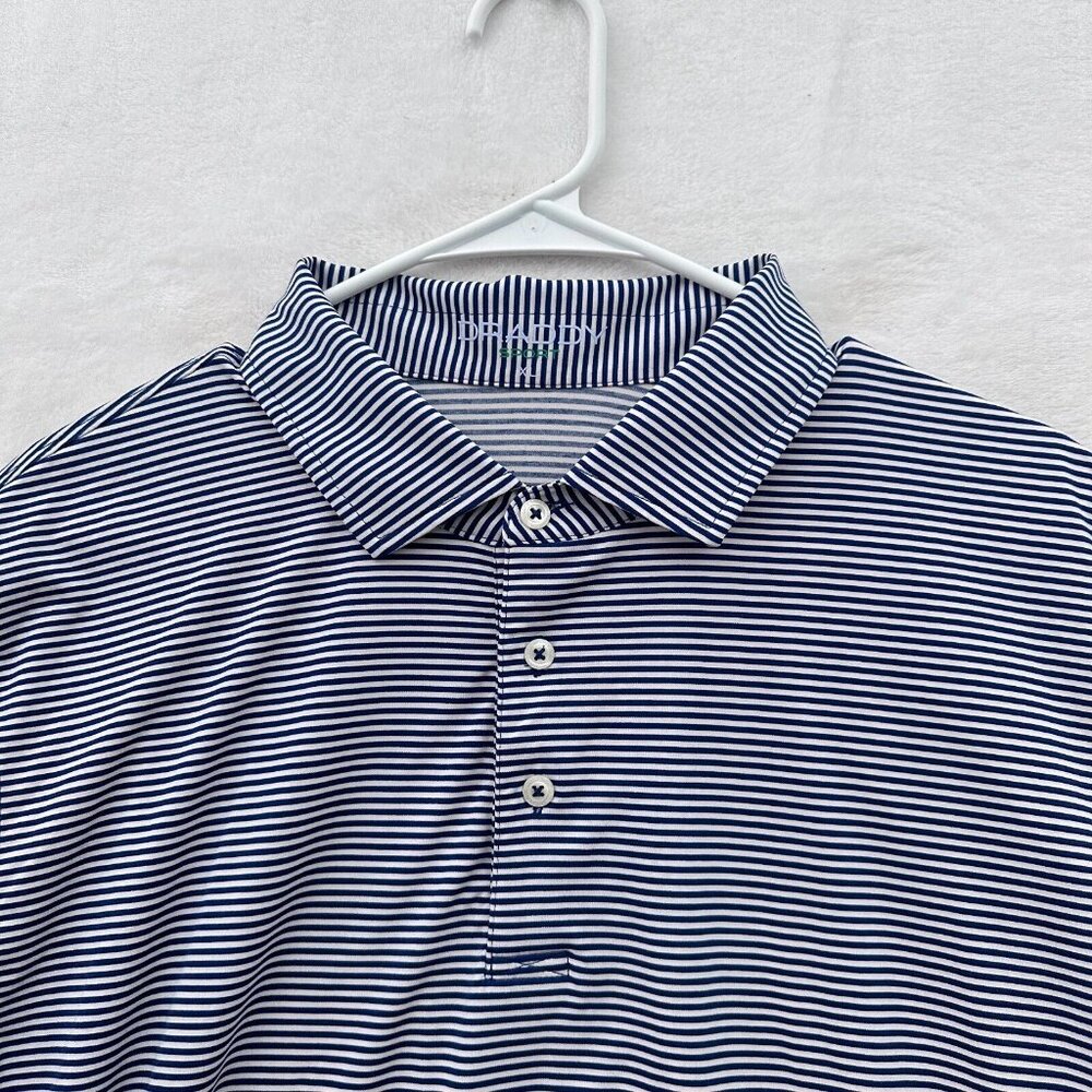 B Draddy Polo Shirt Mens XL Blue Stiped Golf Performance Sports Athletic SPDR - Picture 2 of 8